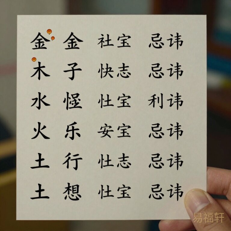 一张起名五行对照表，左侧列金木水火土五行，右侧对应推荐汉字和忌讳汉字，配婴儿卡通装饰