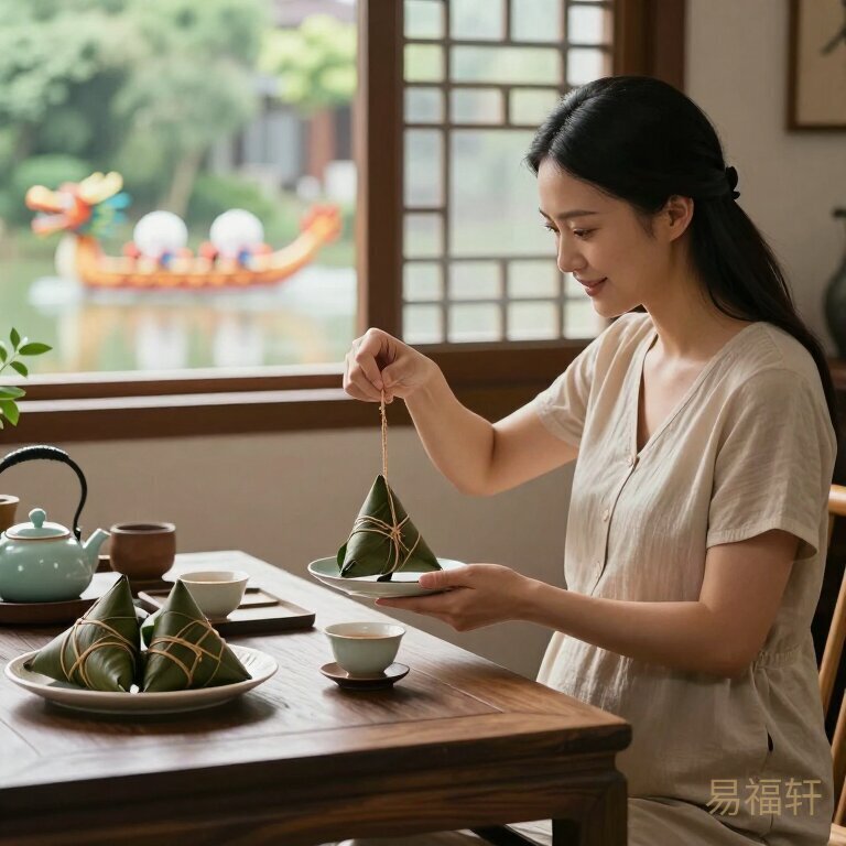准妈妈端午节提着粽子来找老师咨询宝宝起名，温馨的中式茶室场景，窗外可见龙舟装饰