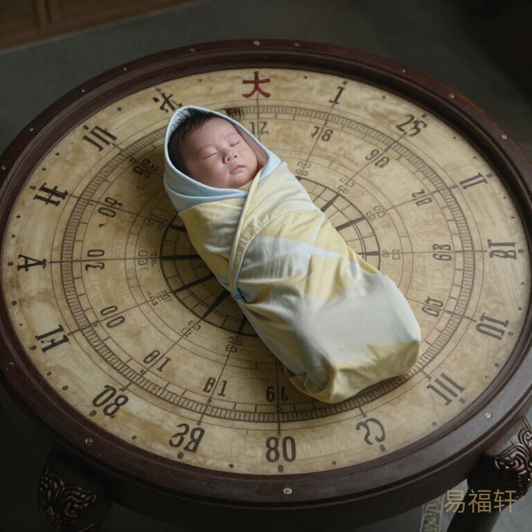中国传统时间罗盘，十二时辰对应现代时间，婴儿襁褓在中心