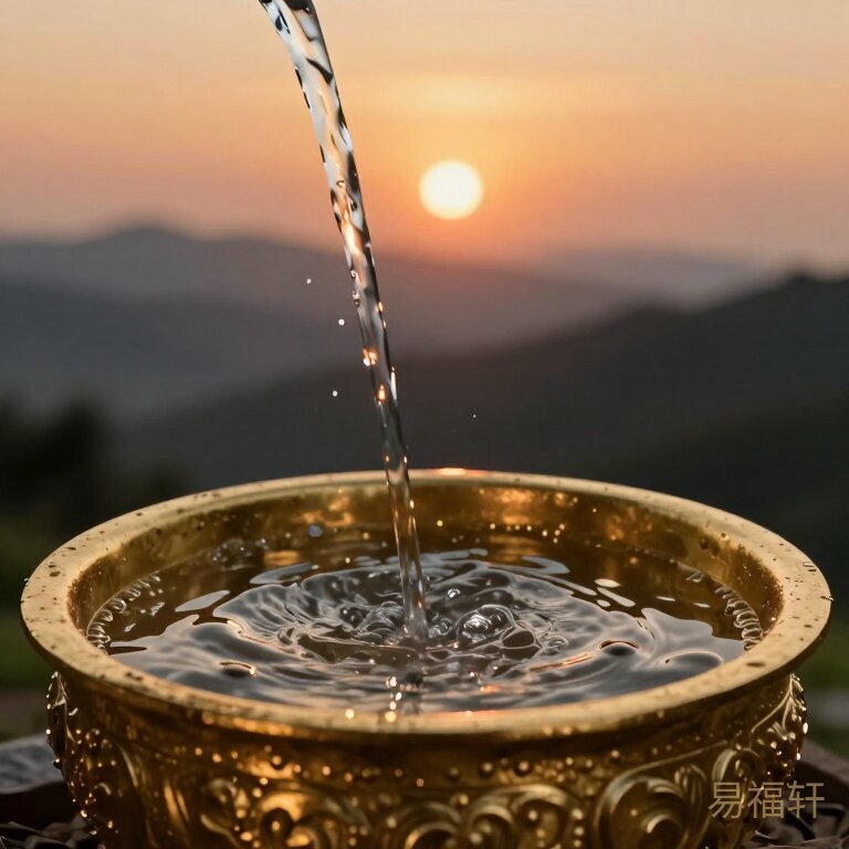 中国传统五行金生水意象图，金属器皿中盛着清泉，午火太阳在远方