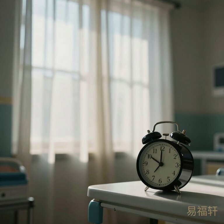 清晨的产房光线透过窗帘，闹钟指向早晨7点