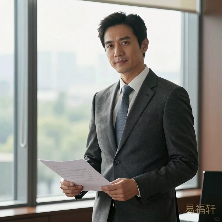一位西装革履的男士站在办公室窗前，手里拿着合同，神态从容自信