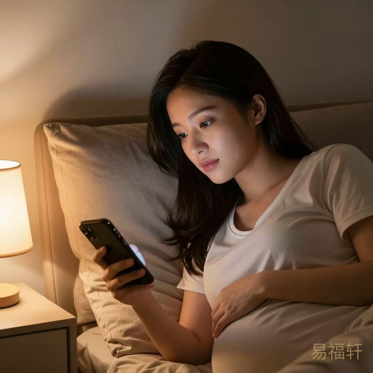 准妈妈夜晚靠在床头看手机，床头灯柔和