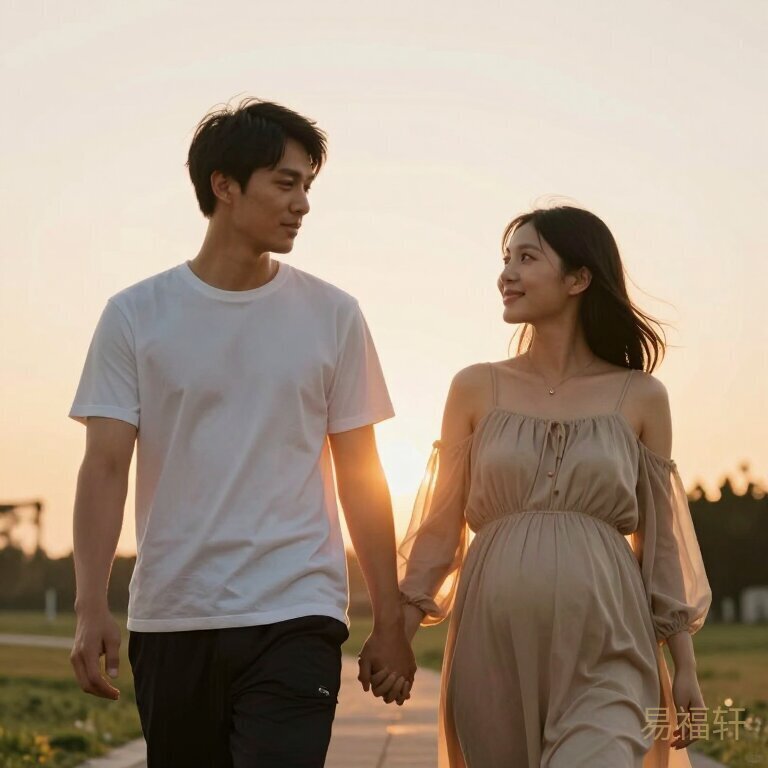 准爸爸陪准妈妈散步，夕阳温暖