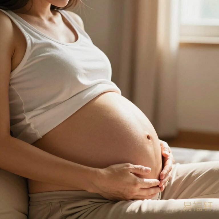 准妈妈摸着肚子微笑，阳光温暖