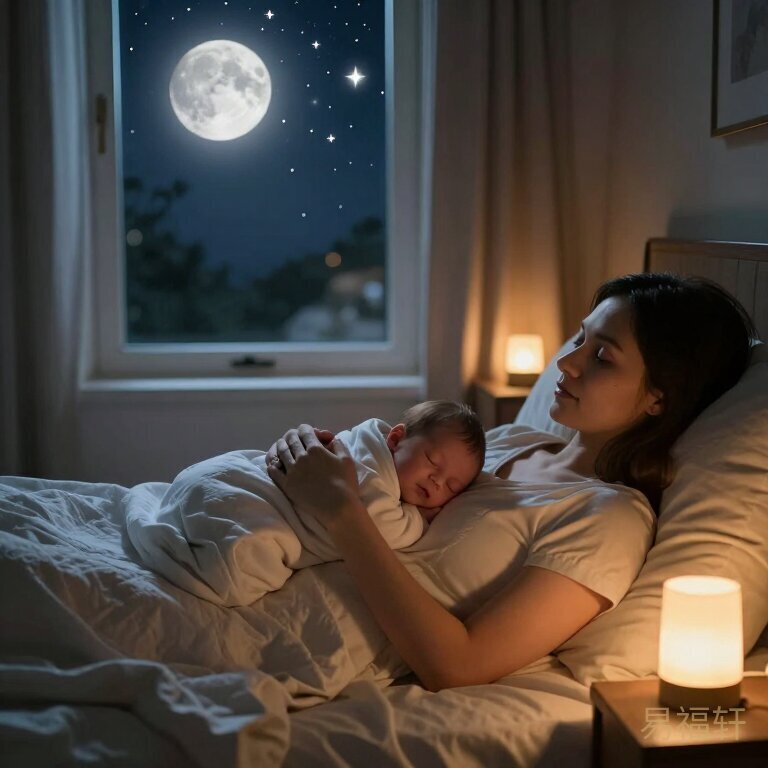 新生儿在襁褓中安睡，窗外有月光和闪烁的星星，房间里有温暖的小夜灯
