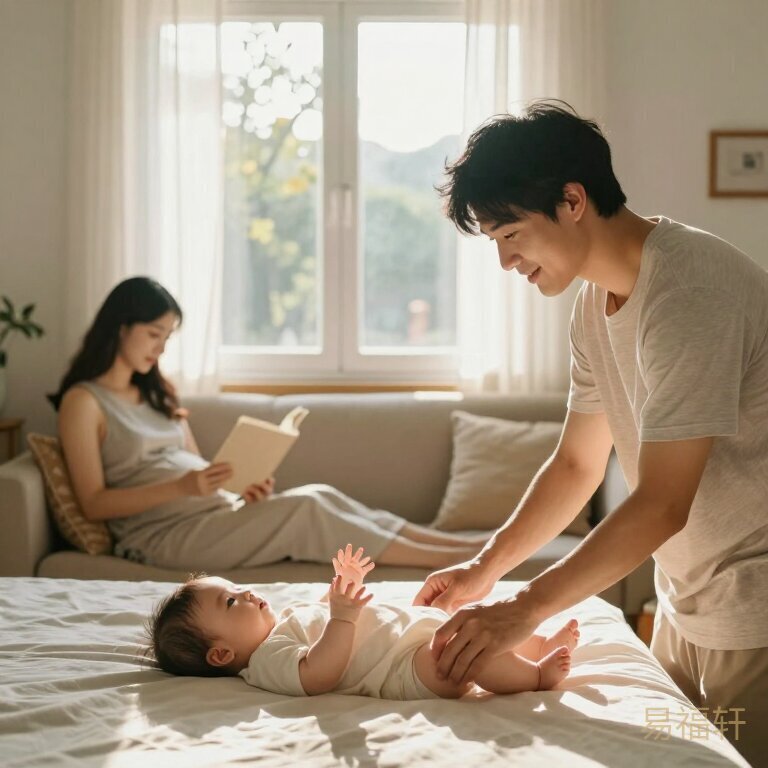 下午阳光穿过窗帘，照在小婴儿床上，爸爸在旁轻摇摇篮，妈妈靠在沙发上看书，温暖的家庭画面