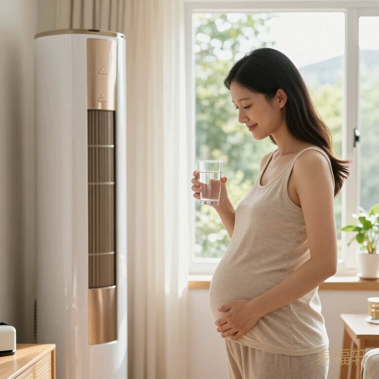 空调房里妈妈轻抚孕肚，旁边一杯温水，窗外夏日炎炎但室内清凉舒适