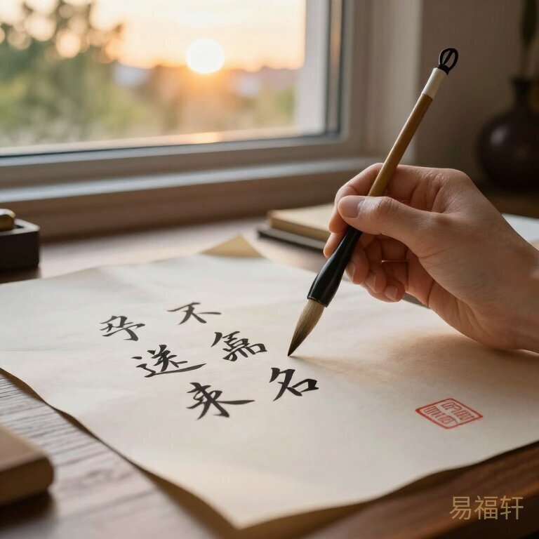 毛笔和宣纸放在书桌上，旁边摆着起名的草稿纸，窗外有绿树和金色的夕阳