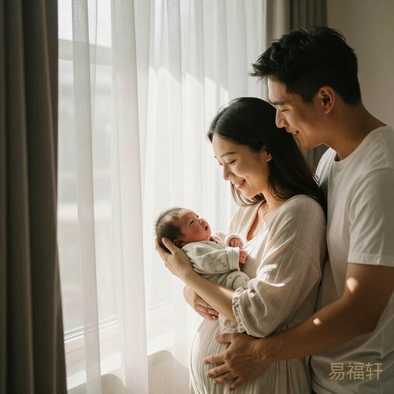 温柔的阳光透过产房窗帘洒进来，妈妈抱着刚出生的女儿，父亲在一旁微笑看着