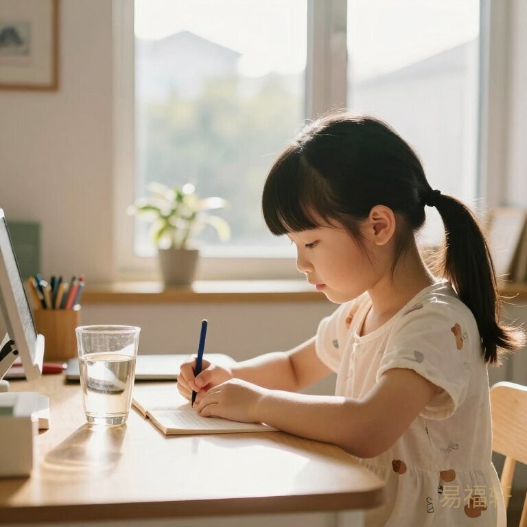 小女孩在书桌前认真写字，窗外阳光正好，桌上放着一杯温水