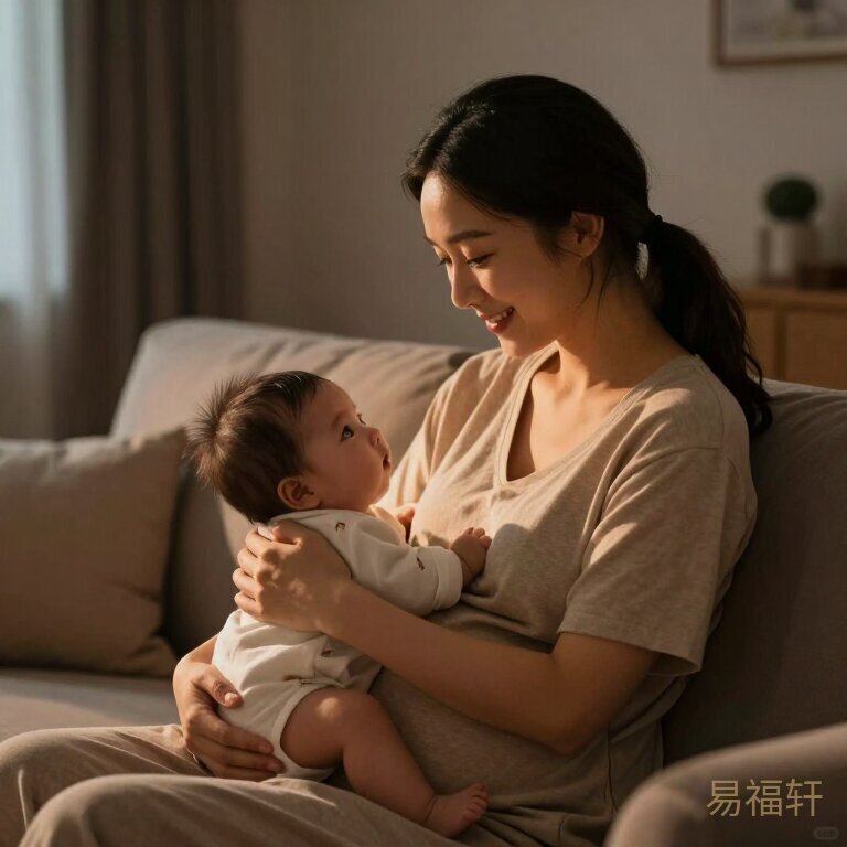 夜色中一家人在客厅里，妈妈抱着婴儿，灯光温暖