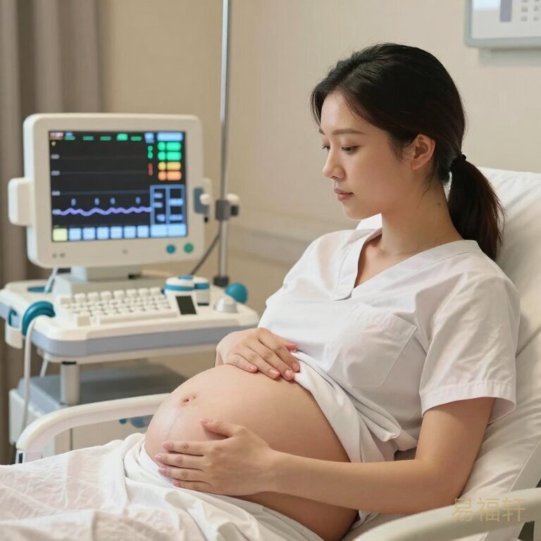 产房里医生在看监测仪，准妈妈摸着肚子，表情平静中带着期待