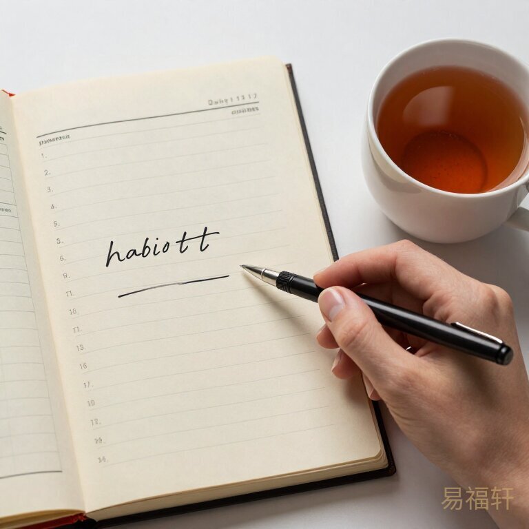 一本打开的老黄历旁边放着纸笔，手写的名字草稿，旁边一杯热茶