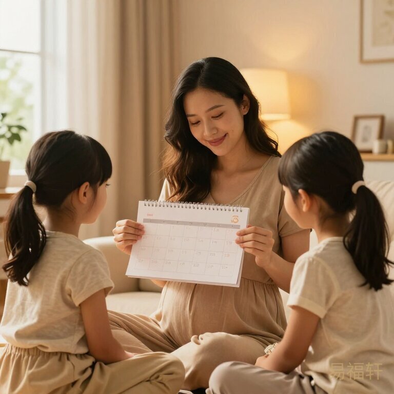 一家人围坐在暖黄色灯光下翻看孕期日历，准妈妈笑容温柔