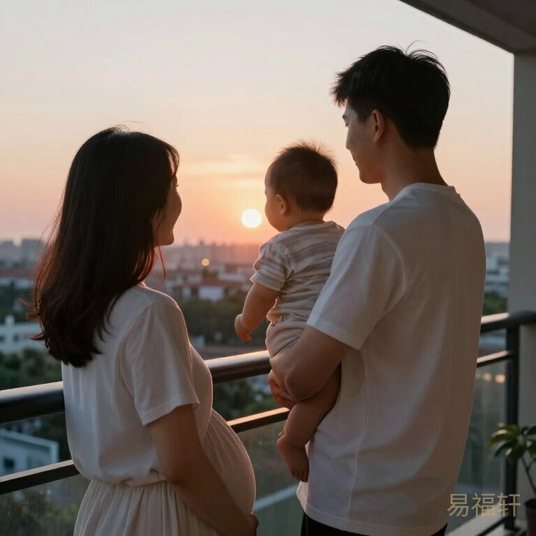 一家三口在新家阳台上看夕阳，爸爸抱着小婴儿