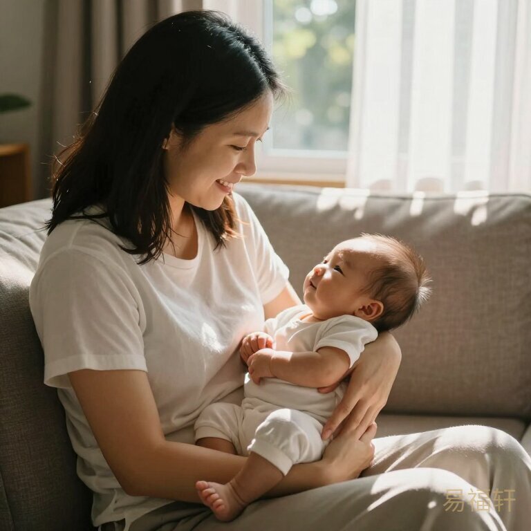 妈妈抱着新生儿坐在沙发上，阳光透过窗帘洒在宝宝脸上