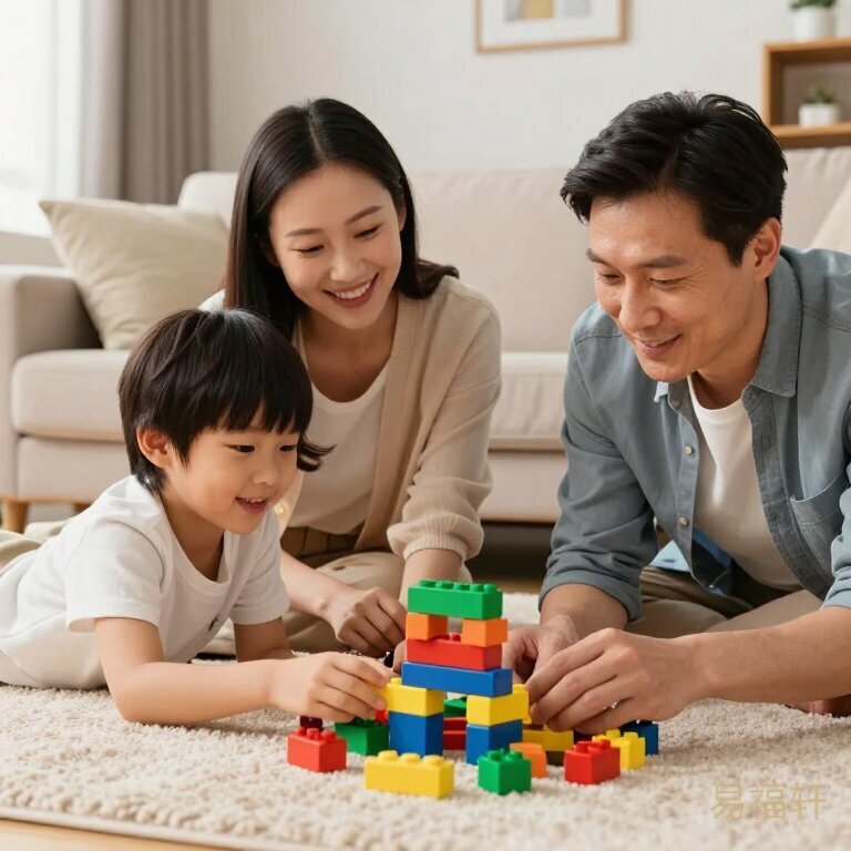 一家三口客厅玩积木