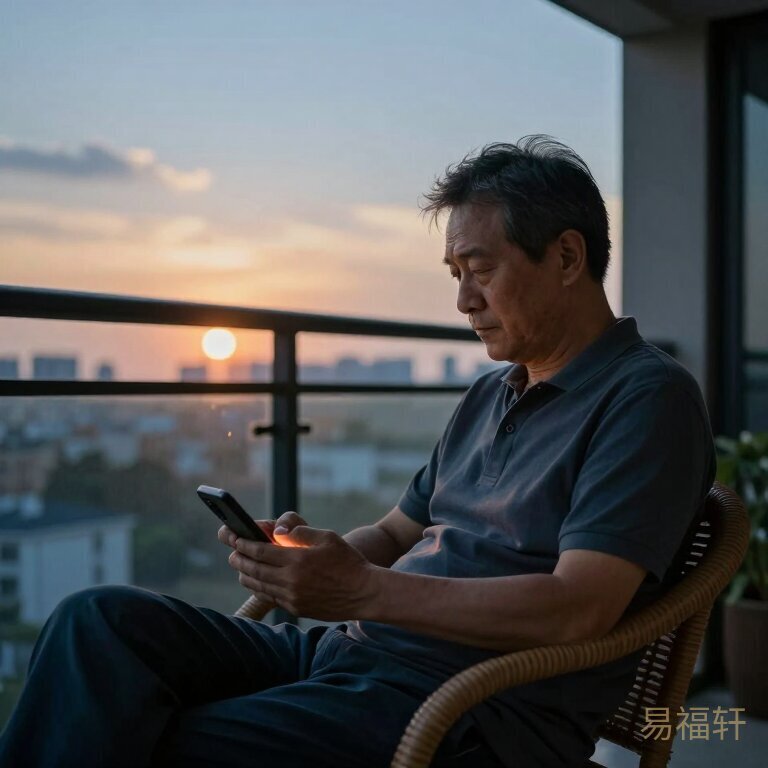 一位中年父亲独自坐在阳台藤椅上，手里握着手机，夕阳照在他略显疲惫的侧脸上，远处是城市的模糊轮廓，画面温暖而略带沉思感