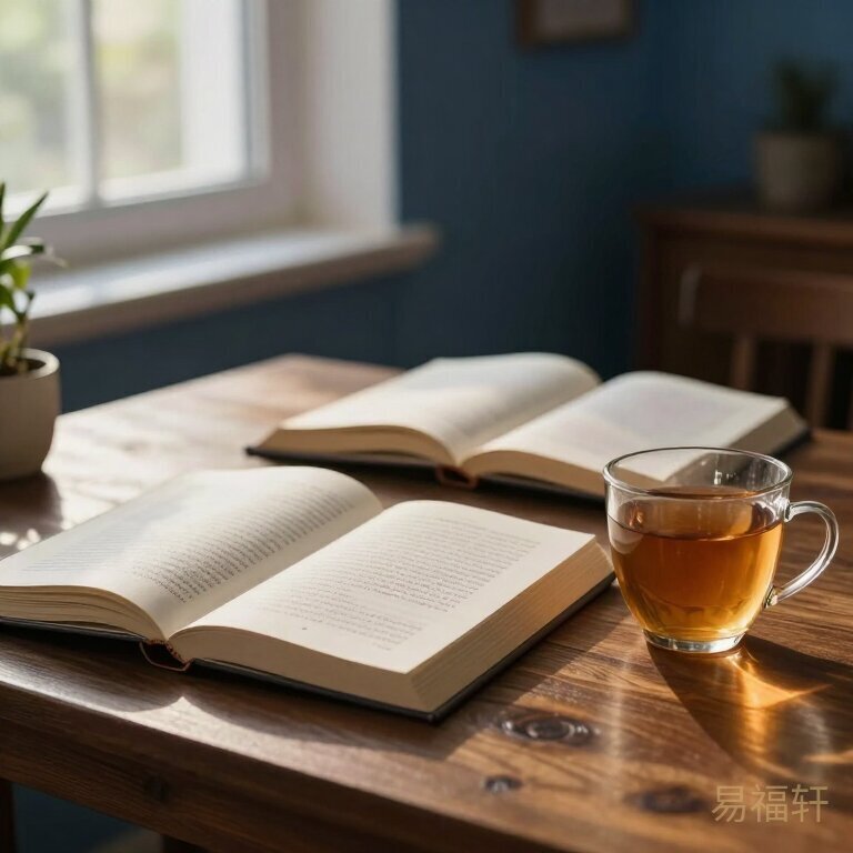 木质办公桌上放着几本打开的书籍和一杯清茶，窗外的阳光柔和地洒在桌面上，画面宁静温暖
