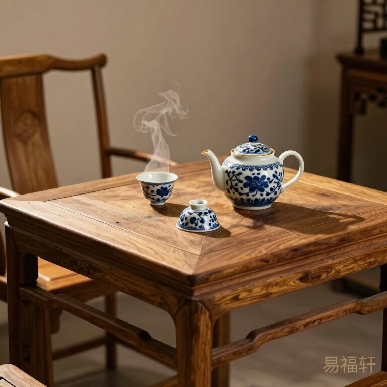 一张老式的木质方桌，桌上一只青花茶壶配两只茶杯，其中一只茶杯倒扣着，另一只冒着淡淡的热气，桌旁一把空椅子，光线柔和偏暖