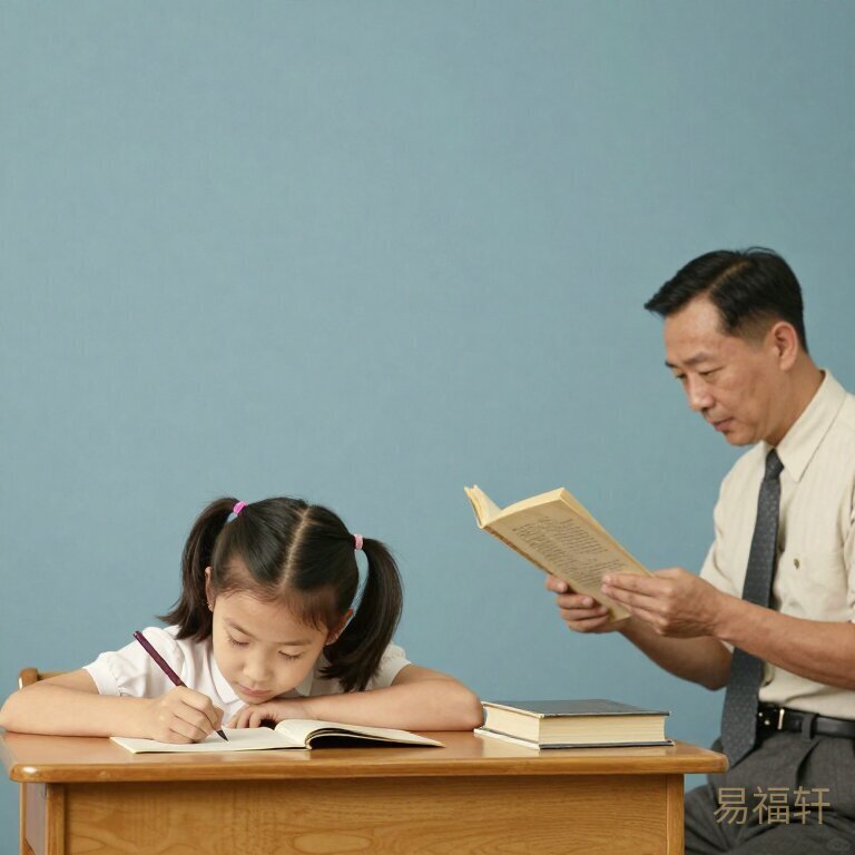 1958年的老照片，扎羊角辫的小女孩趴在桌上写字，旁边中年男人举着泛黄课本，暖黄色调，怀旧质感