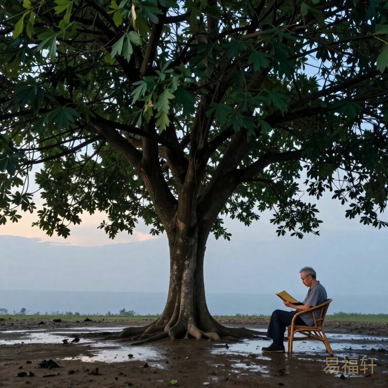 一棵枝繁叶茂的老树扎根在雨后湿润的泥土中，树旁一个老人坐在藤椅上翻看泛黄的日记本，夕阳斜照，宁静温暖的画面