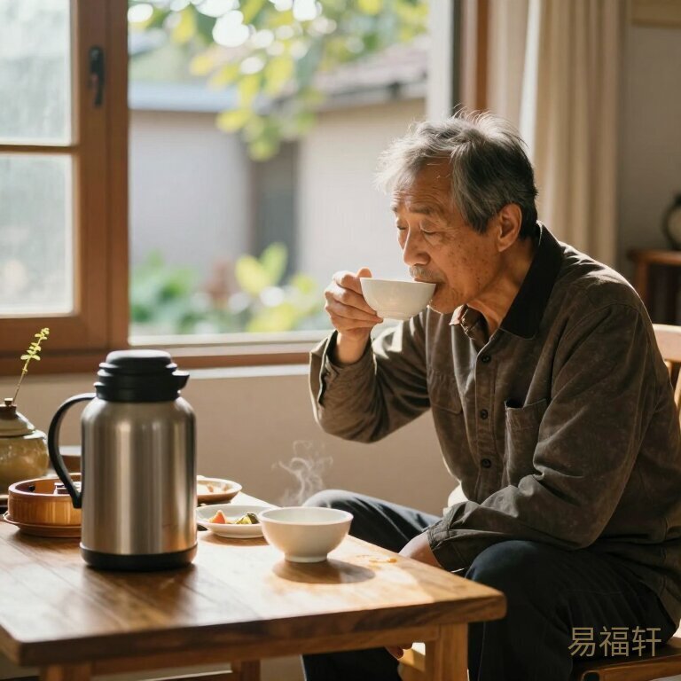 一位50岁女性坐在老父亲身边看他喝汤，阳光从窗外照进来，茶几上摆着保温桶和碗，画面安静温暖