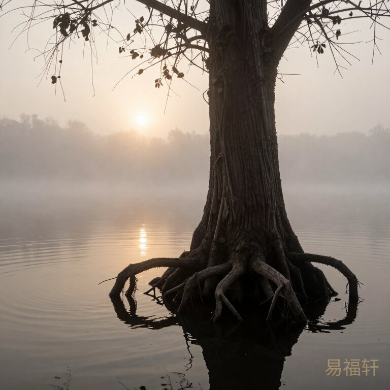 冬天里一棵树根泡在水中的画面，水面上雾气氤氲，远处有微弱的阳光穿透雾气