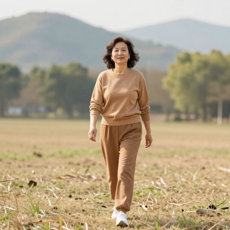 一位50岁女性在户外阳光下散步，穿暖色系衣服，远景有山有树，画面开阔明亮，充满希望感