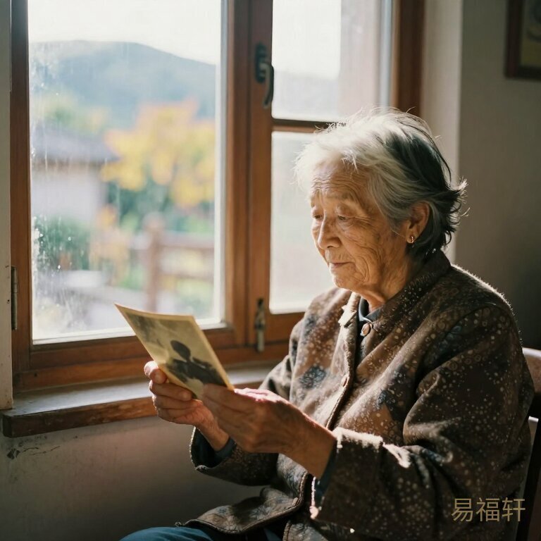 一位满头白发的老妇人坐在老式木窗前，手里握着泛黄的旧照片，窗外是初秋的阳光，她的表情平静中带着一丝追忆