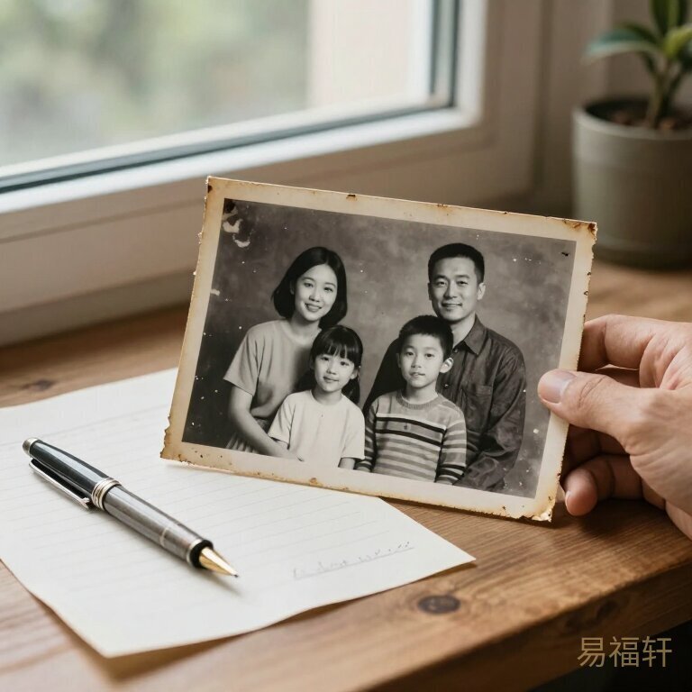 父亲节的书桌上，一张边缘泛黄的黑白全家福老照片，旁边放着一支旧钢笔和一张写了一半的信纸，窗外的光柔和地照在照片上