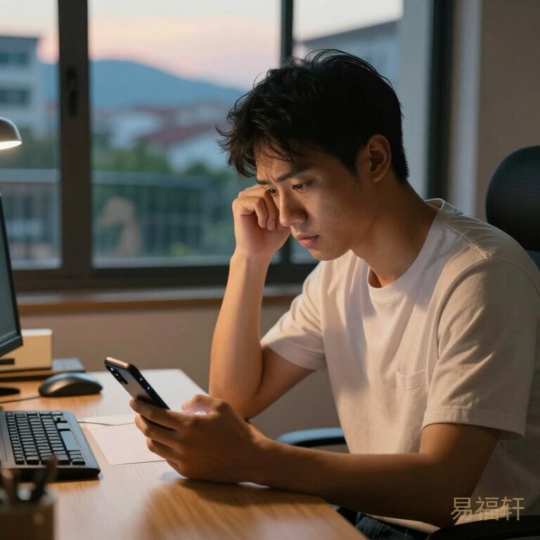 父亲节氛围，成年儿子坐在办公桌前看着手机里父亲没接收的转账记录，神情复杂，温暖中带着一丝无奈，窗外是城市傍晚的光线