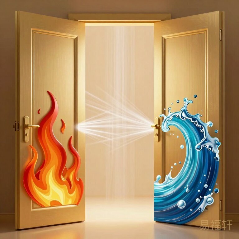 视觉化五行概念图，一扇大门被从两边同时推开，门一侧有火焰图案，另一侧有水波图案，光线和气流穿过门洞涌向中心，体现对冲开放的动态感