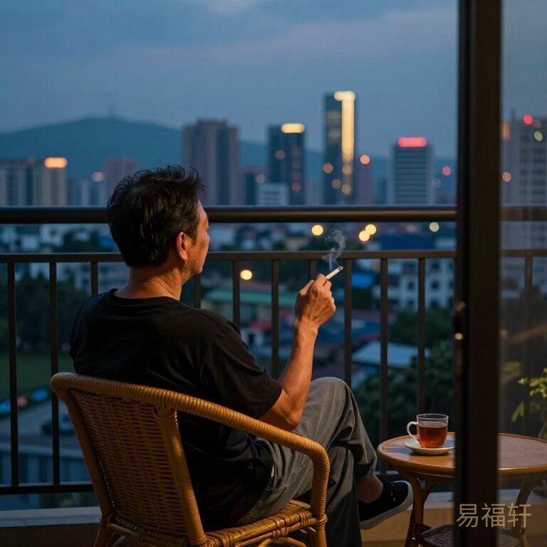 一位中年父亲独自坐在阳台藤椅上，背对镜头望着远方城市天际线，暮色渐浓，手里夹着一根烟却没有点燃，身旁摆着半杯茶