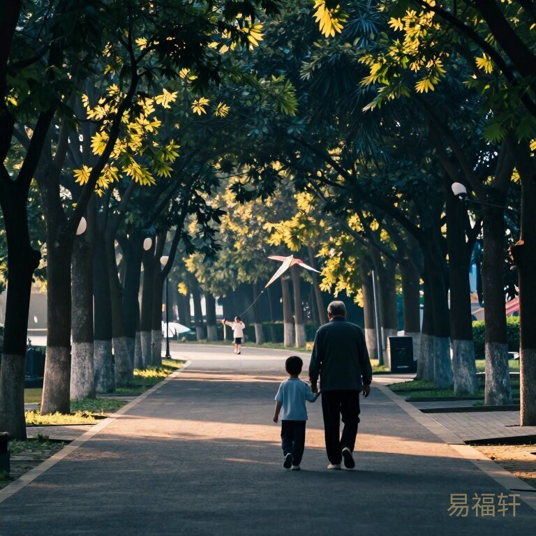 公园里一位老人牵着孙子的手在林荫道上散步，绿树成荫，阳光温柔，远处有小朋友放风筝，画面安详温馨