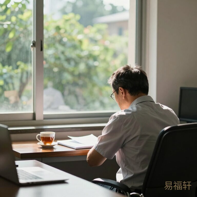 一位中年男人坐在办公室里，窗外阳光斜射进来，桌上放着茶杯和文件，背影显得沉稳但略带疲惫