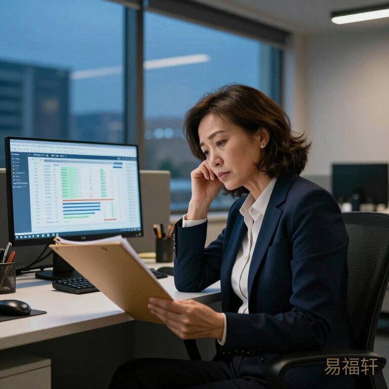 一位50岁职业女性坐在办公桌前，手里拿着项目文件夹，神情疲惫但透着不甘，桌上的电脑屏幕显示着行业数据报表，窗外是城市的傍晚光线