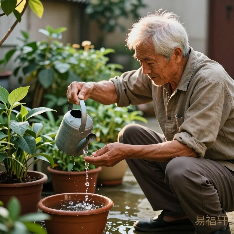 父亲蹲在小院子里给盆栽浇水，身后几盆绿植郁郁葱葱，他穿着朴素的棉布衣服，手里的水壶正往下滴水，阳光在他的白发上镀了一层金色