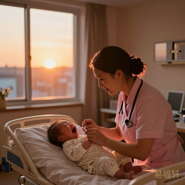 傍晚的产房里，夕阳把整个房间染成暖橘色，护士正在为新生儿做第一次体检，婴儿的哭声清脆响亮