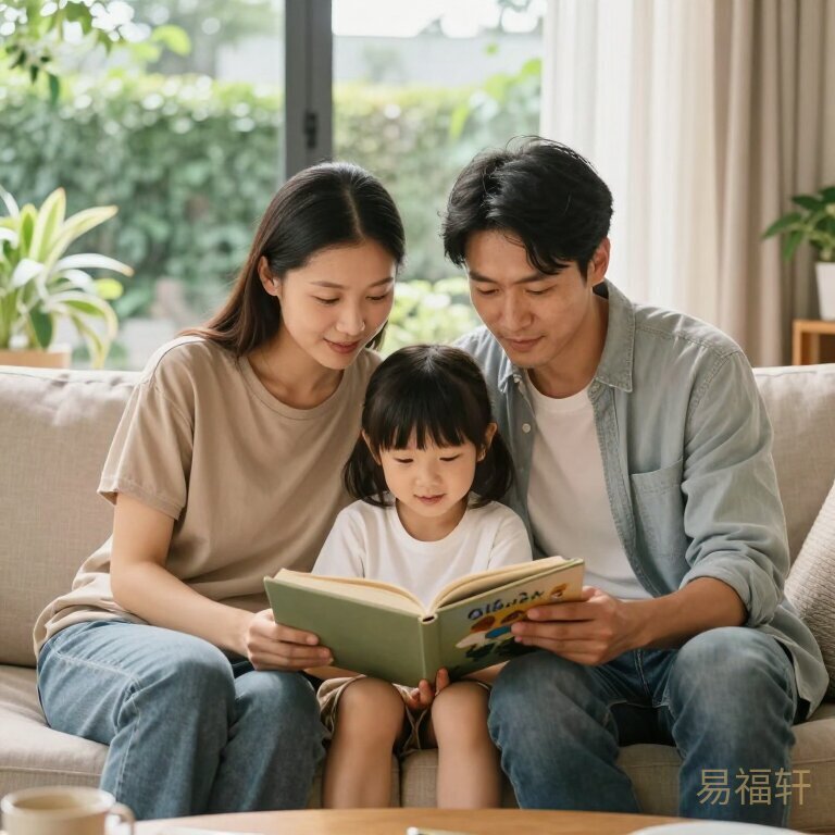 温馨家庭日光洒进客厅，一家人在沙发上看绘本