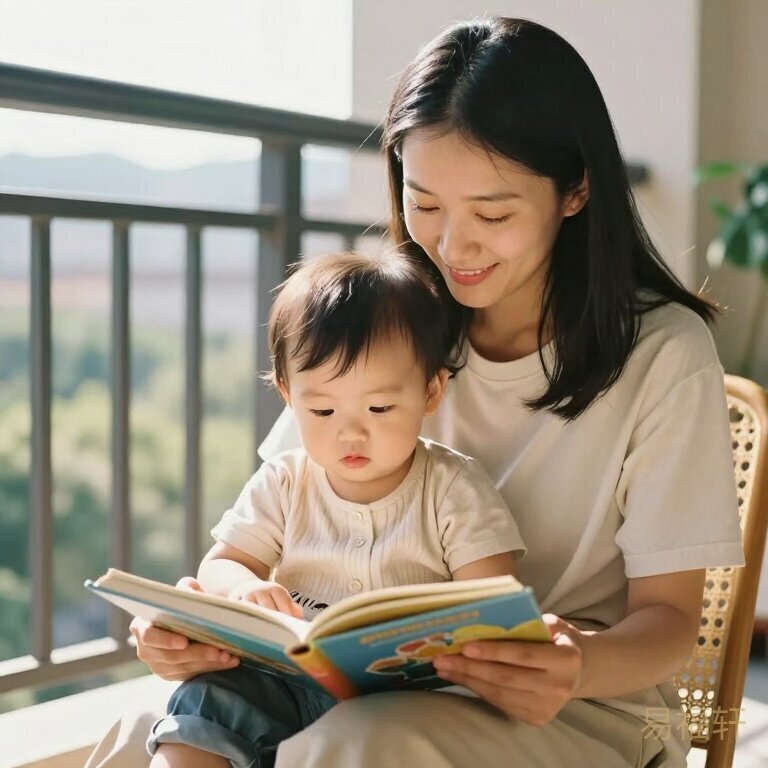 妈妈在洒满阳光的阳台跟宝宝读绘本