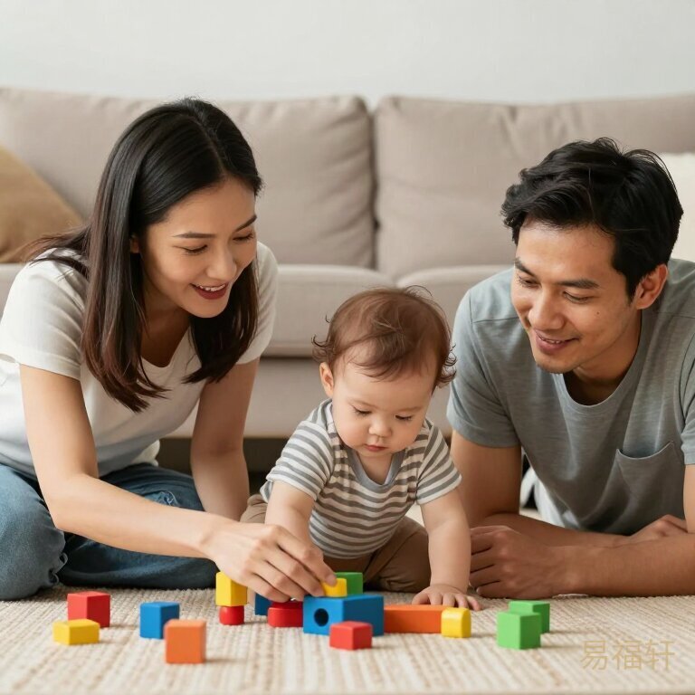 一家三口在客厅地板上陪宝宝搭积木
