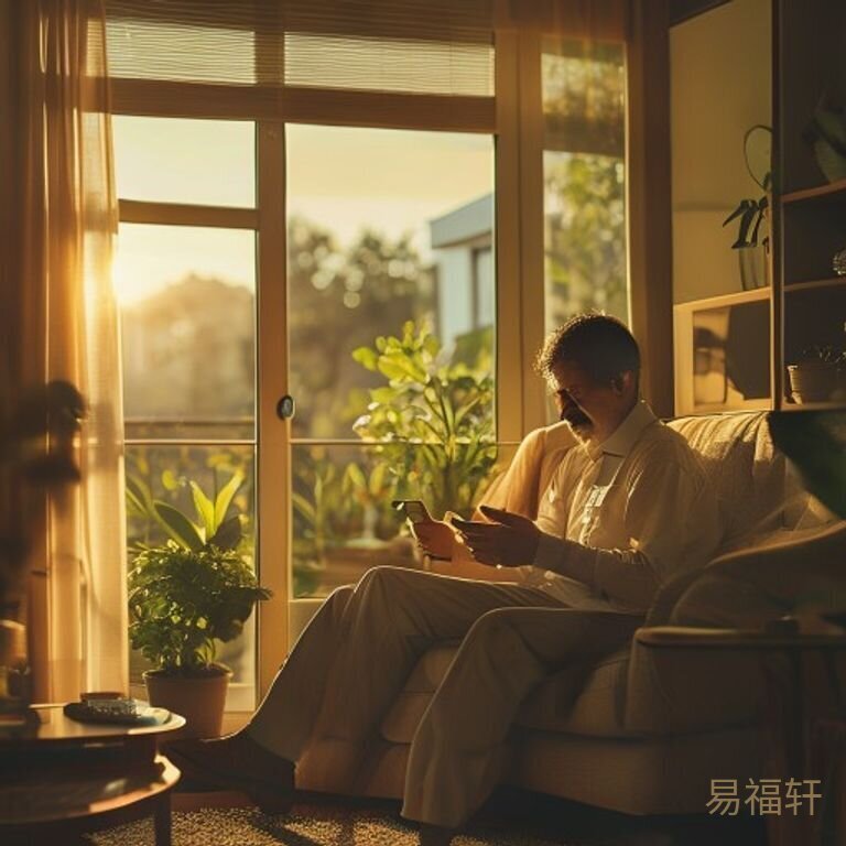 父亲节温馨场景：傍晚客厅，暖黄色灯光下，父亲坐在旧沙发上低着头看手机，小女儿从背后悄悄环住他的脖子，笑得很甜。茶几上放着一杯冒热气的茶。