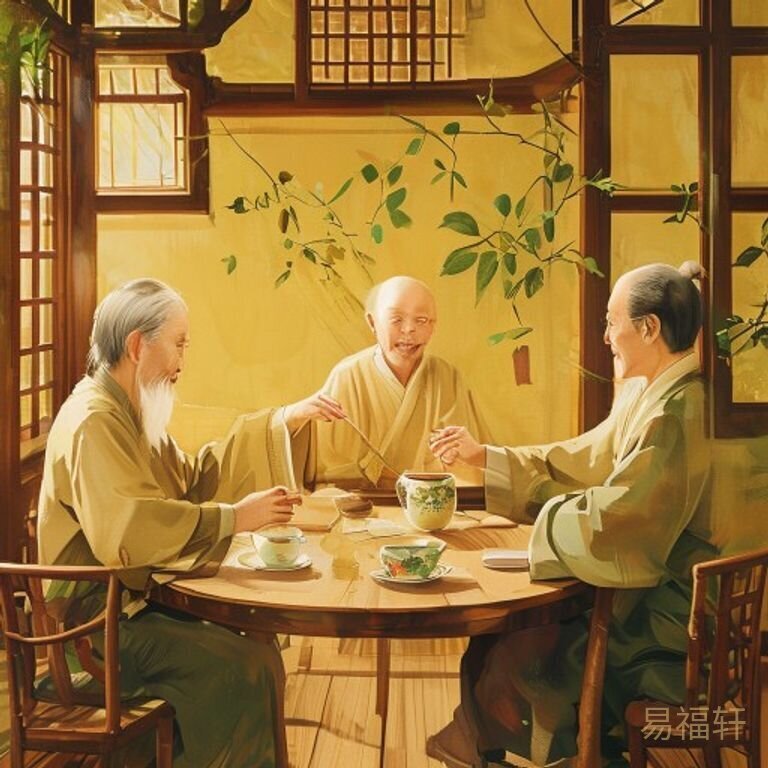 温馨中式家庭场景：圆桌上放着几杯冒着热气的茶，不同年龄的手从四面伸向桌子中央——老人的手布满皱纹、中年人的手结实有力、小孩的手胖乎乎的——围成一个不规则的圆。背景是暖黄色灯光和木格子窗。