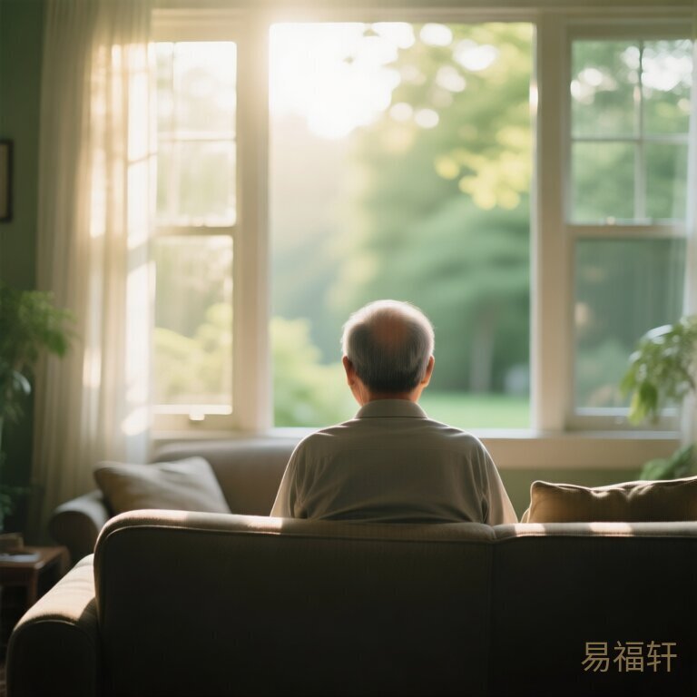 一位中老年父亲独自坐在客厅沙发上的背影，窗外阳光斜照进来，光影温暖安静，画面传递出父亲默默承受、需要被关爱的情感