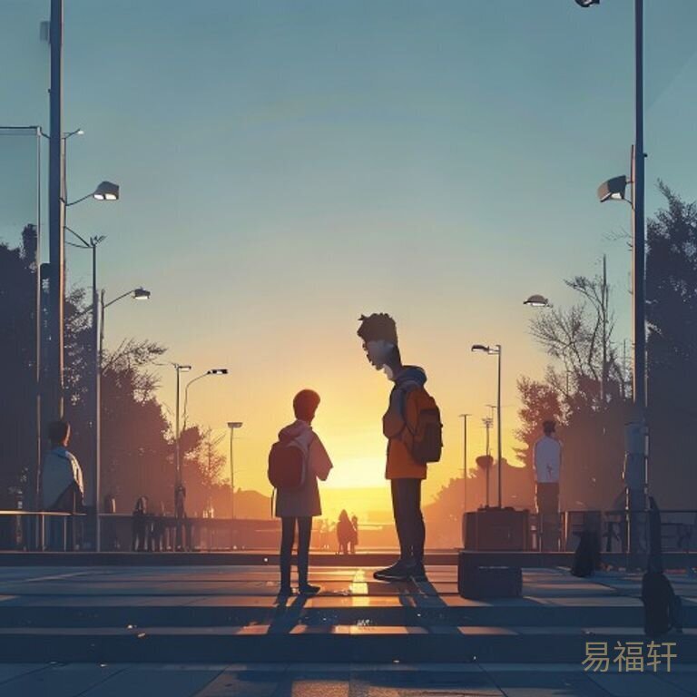 高考考场外的黄昏，一个穿校服的男生坐在马路台阶上，抱着膝盖，书包放在一旁，身后是陆续散去的考生和家长，夕阳把他的影子拉得很长