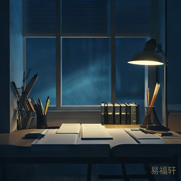 深夜的书桌前，一盏暖黄的台灯照亮堆满试卷和笔记本的桌面，笔筒里插满了用完的笔芯，窗外一片漆黑，只有这一扇窗亮着