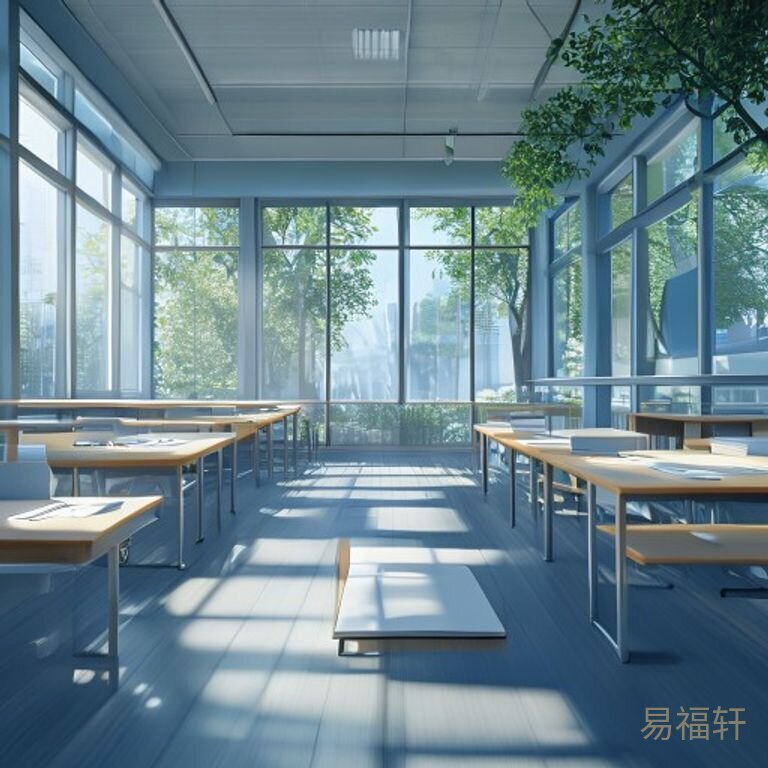 教室里的清晨，阳光透过玻璃窗和树叶洒在一排排空课桌上，黑板上写着大大的高考倒计时，只有第一排的桌面上放着一本翻开的笔记本