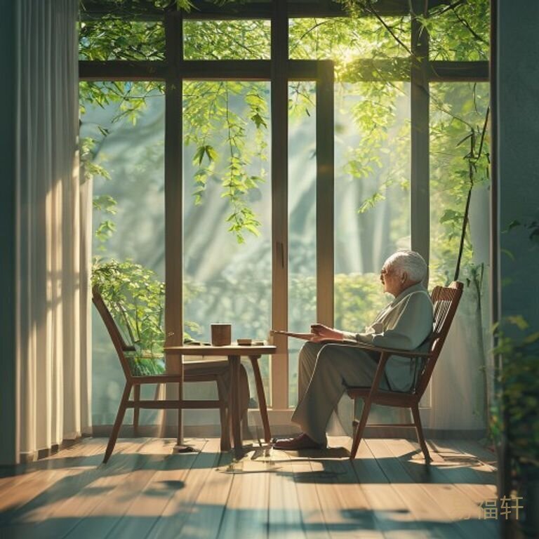 一位百岁老人坐在藤椅上翻阅旧照片，阳光透过窗户洒在木地板上，画面温暖而宁静